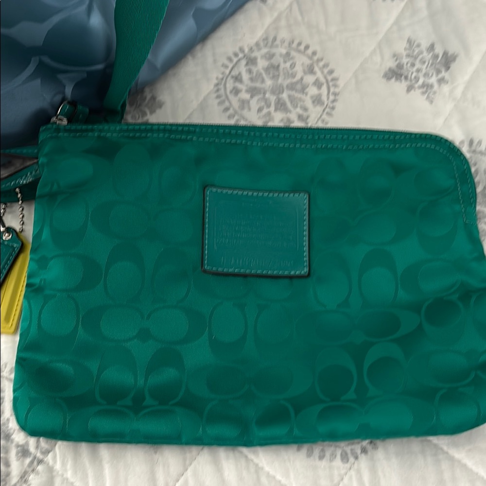 Coach Green and Blue Tote Bag with Dual Handles and Zipper Closure - Picture 6 of 9
